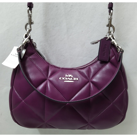Coach Teri Hobo Diamond Deep Berry Quilted Leather Zipper Shoulder Bag -NWT $528 - Picture 13 of 16